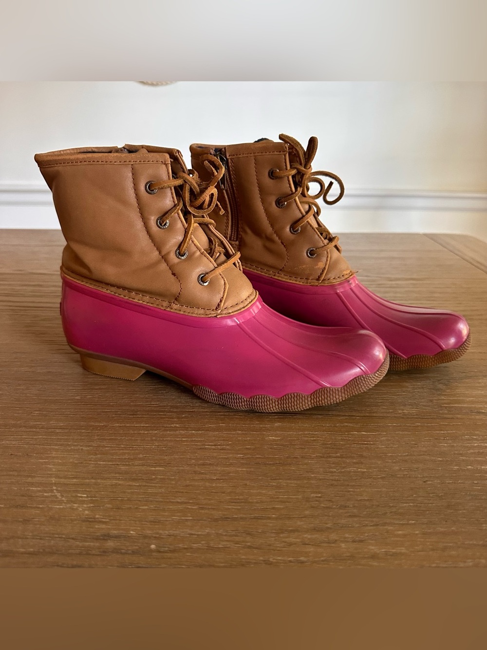 Sperry Saltwater Duck Boots Girls Size 6 Pink Tan Waterproof Rain Boots